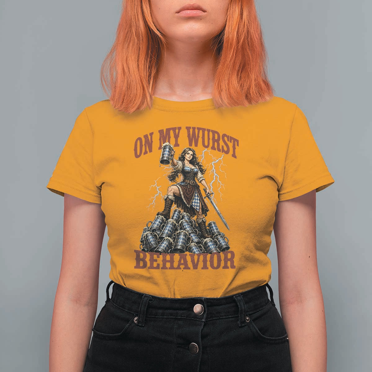 Bavarian Warrior Woman Drinking Beer Oktoberfest Graphic T Shirt For Women On My Wurst Behavior