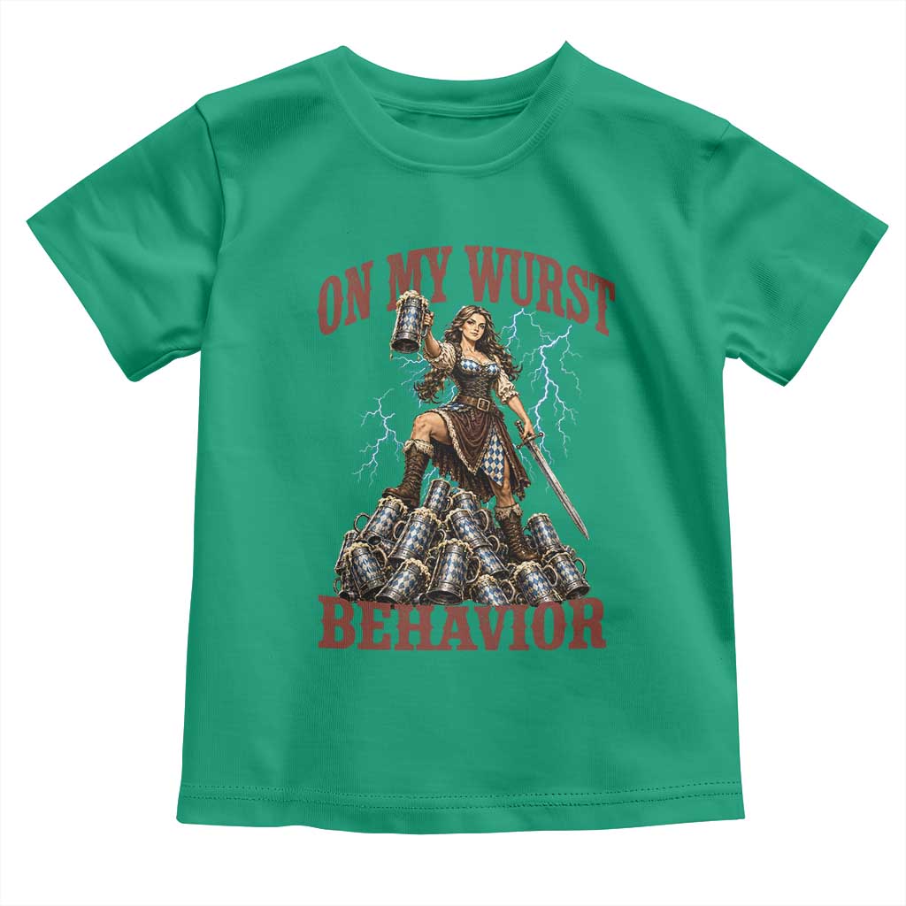 Bavarian Warrior Woman Drinking Beer Oktoberfest Graphic Toddler T Shirt On My Wurst Behavior