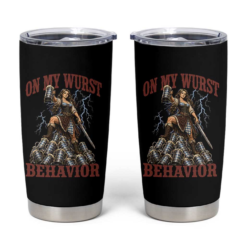 Bavarian Warrior Woman Drinking Beer Oktoberfest Graphic Tumbler Cup On My Wurst Behavior