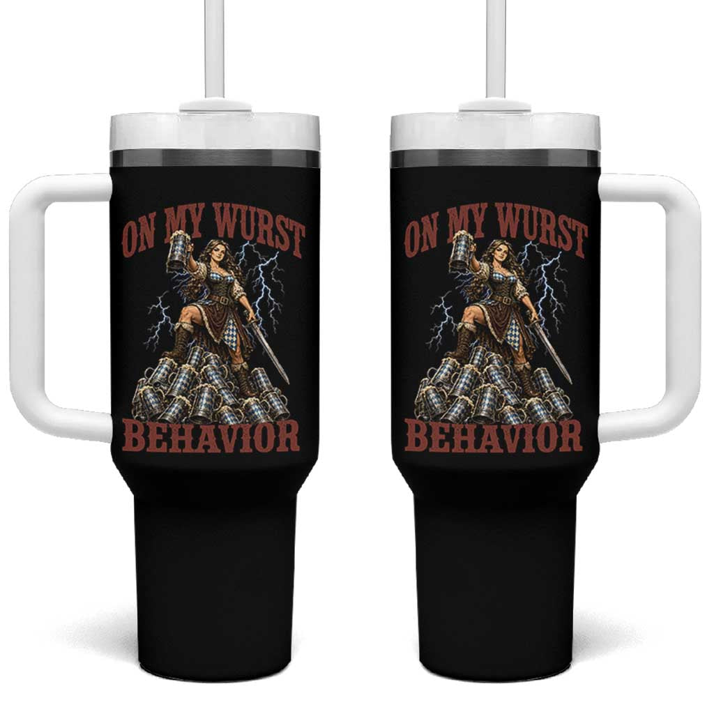 Bavarian Warrior Woman Drinking Beer Oktoberfest Graphic Tumbler With Handle On My Wurst Behavior