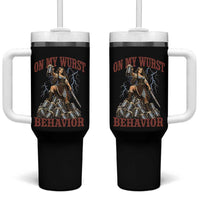 Bavarian Warrior Woman Drinking Beer Oktoberfest Graphic Tumbler With Handle On My Wurst Behavior