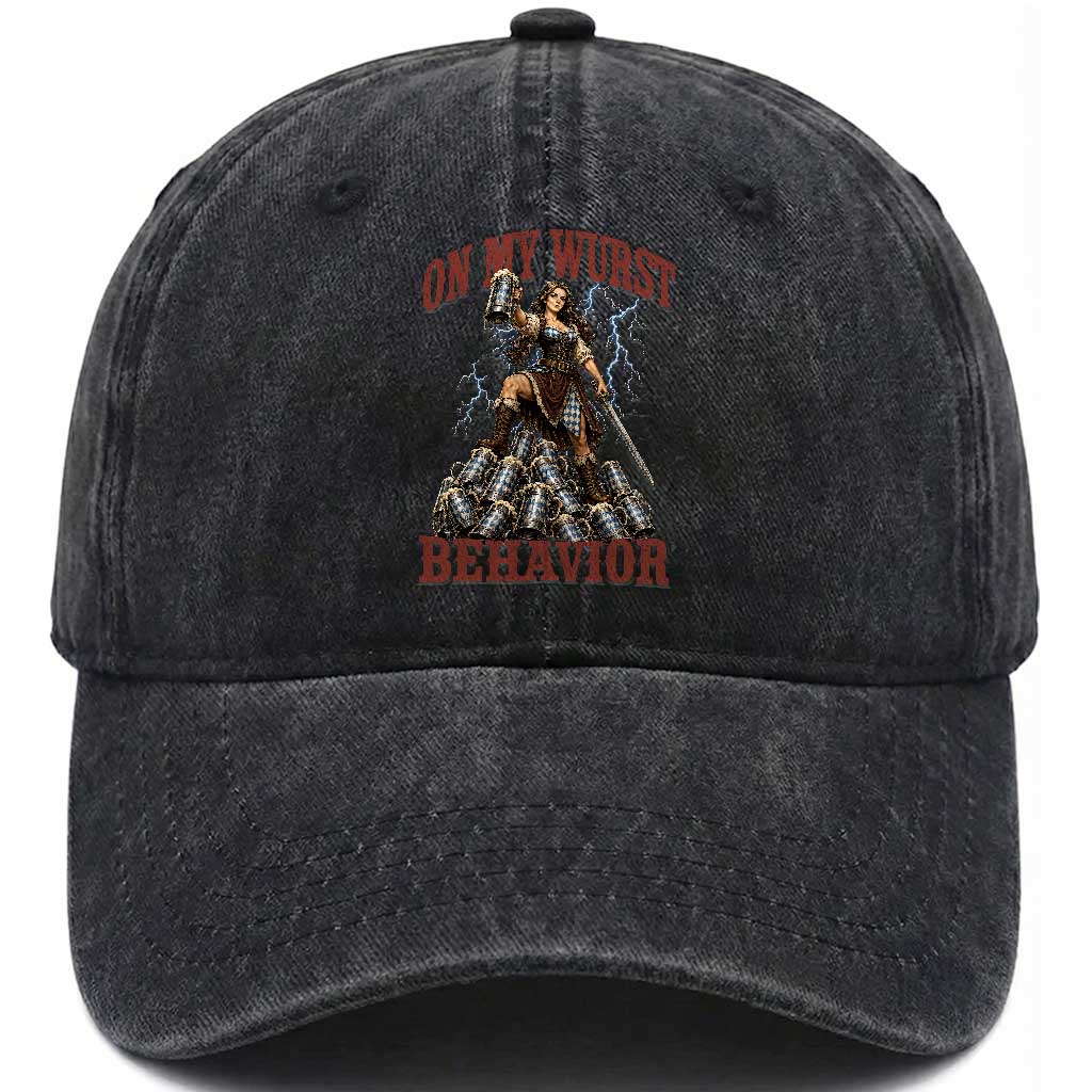 Bavarian Warrior Woman Drinking Beer Oktoberfest Graphic Washed Cotton Baseball Cap On My Wurst Behavior