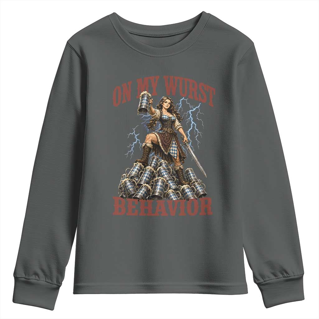 Bavarian Warrior Woman Drinking Beer Oktoberfest Graphic Youth Sweatshirt On My Wurst Behavior