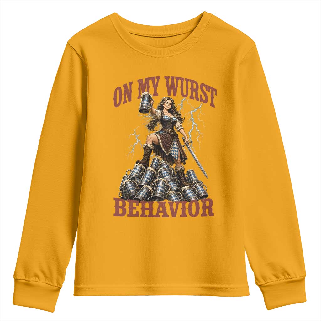 Bavarian Warrior Woman Drinking Beer Oktoberfest Graphic Youth Sweatshirt On My Wurst Behavior
