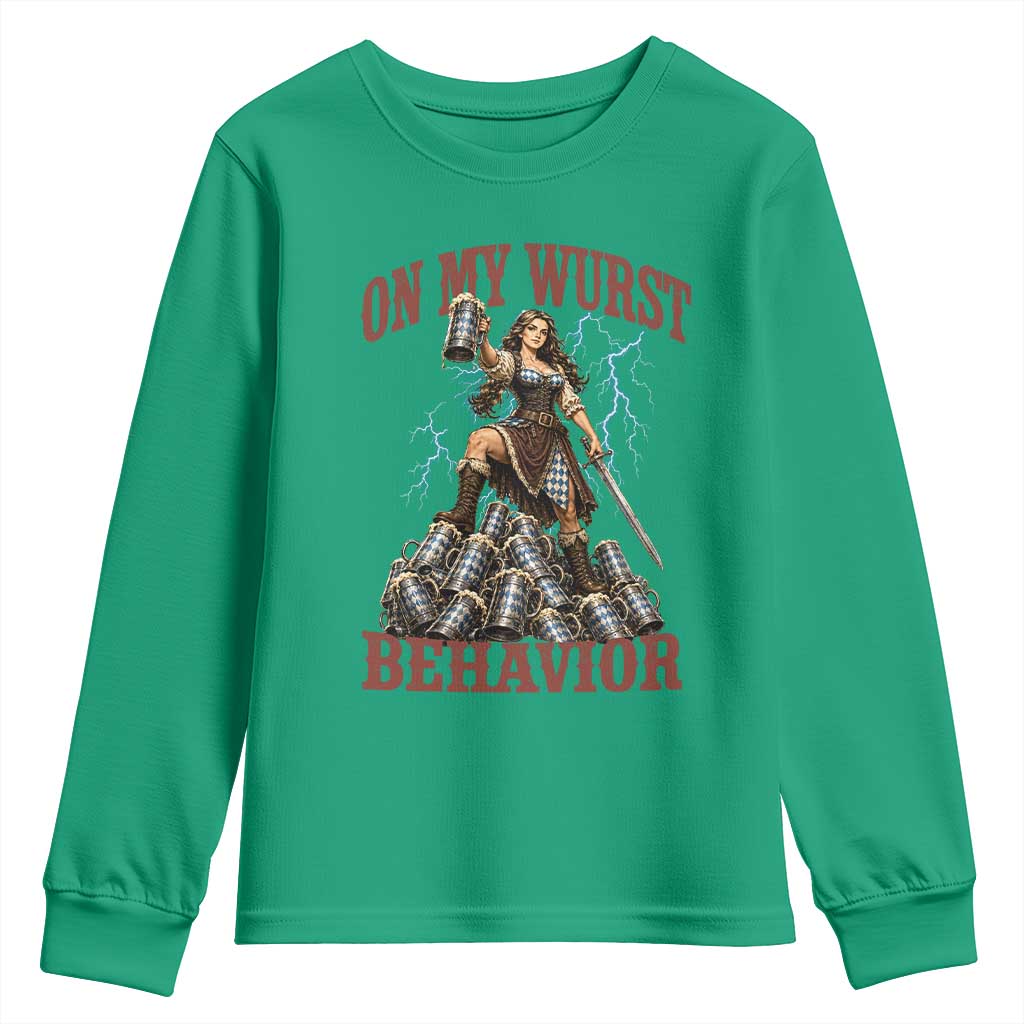 Bavarian Warrior Woman Drinking Beer Oktoberfest Graphic Youth Sweatshirt On My Wurst Behavior