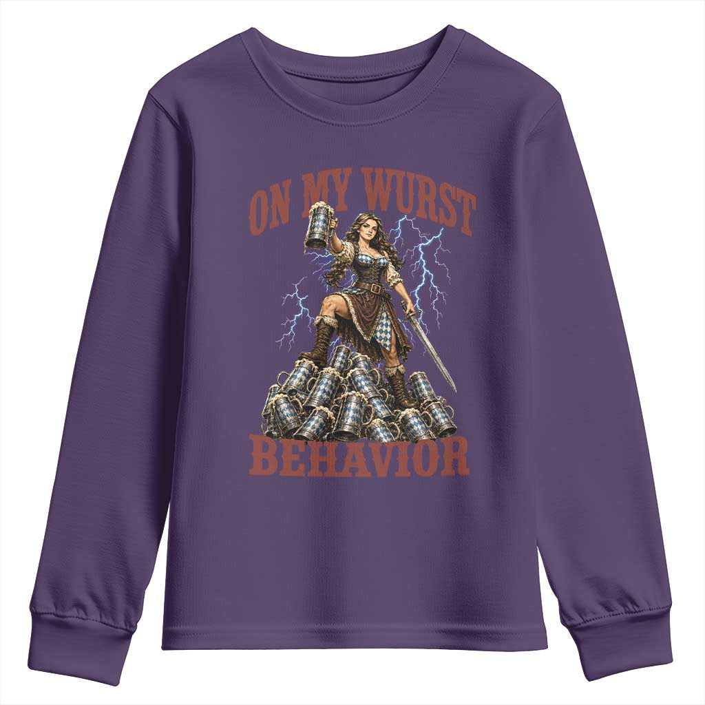 Bavarian Warrior Woman Drinking Beer Oktoberfest Graphic Youth Sweatshirt On My Wurst Behavior