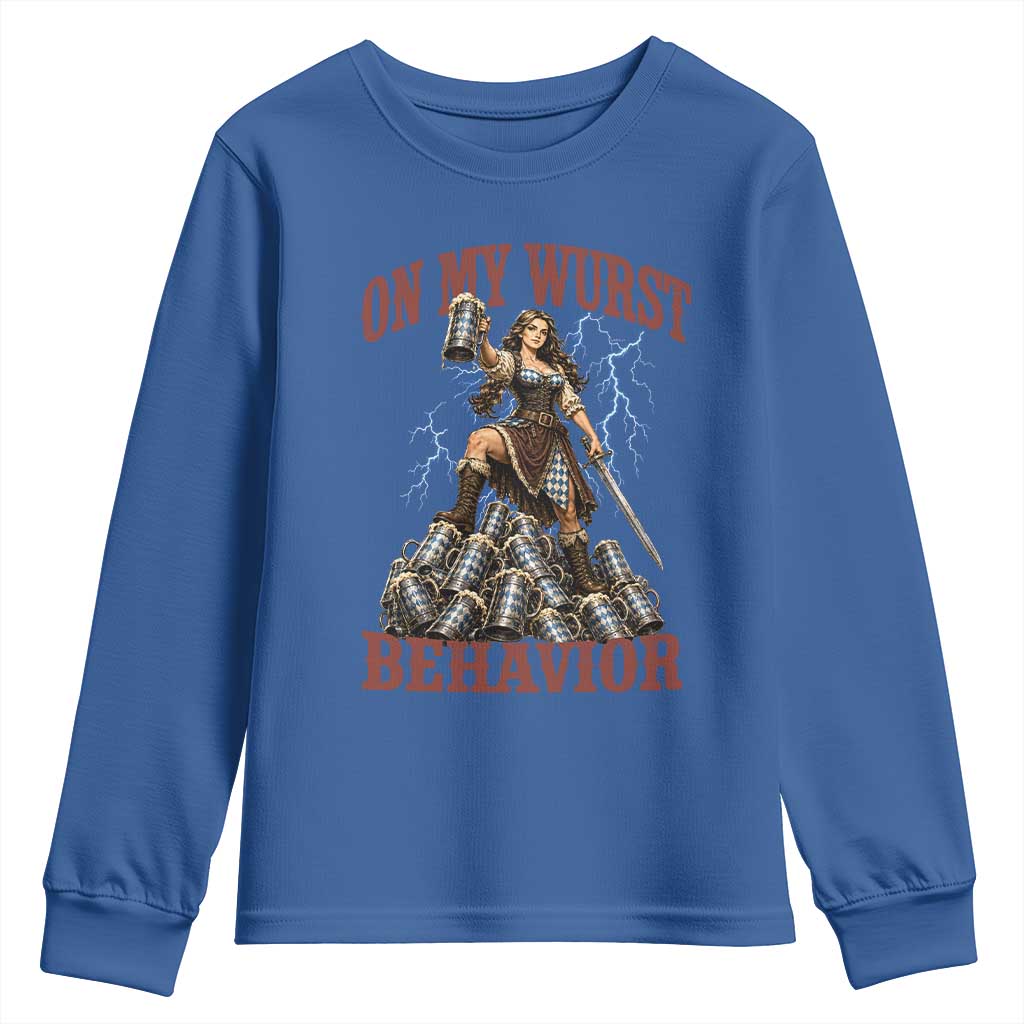 Bavarian Warrior Woman Drinking Beer Oktoberfest Graphic Youth Sweatshirt On My Wurst Behavior