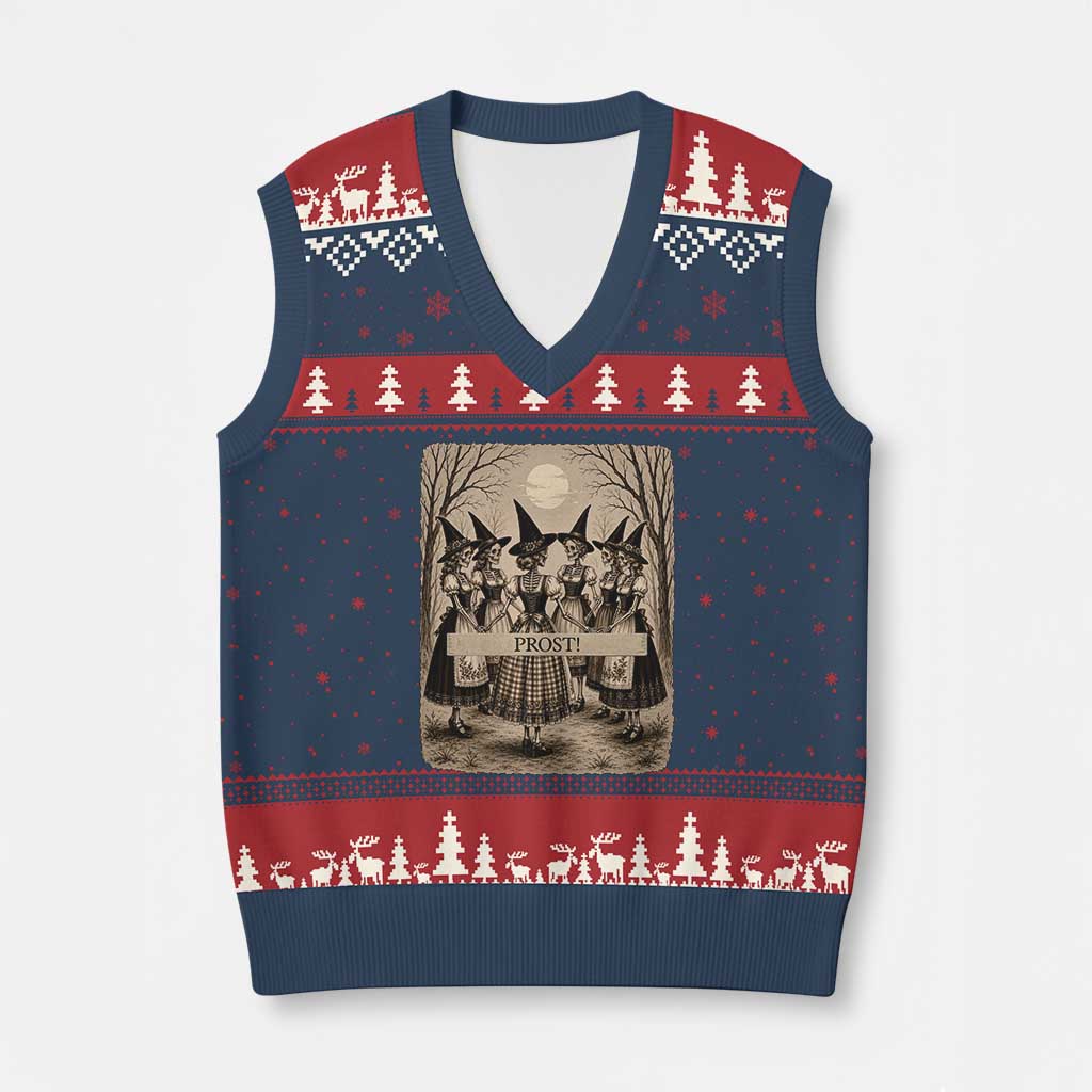Skeleton Witches Coven Oktoberfest V-Neck Knit Sweater Vest German Dirndl Spooky Beer Festival Gift
