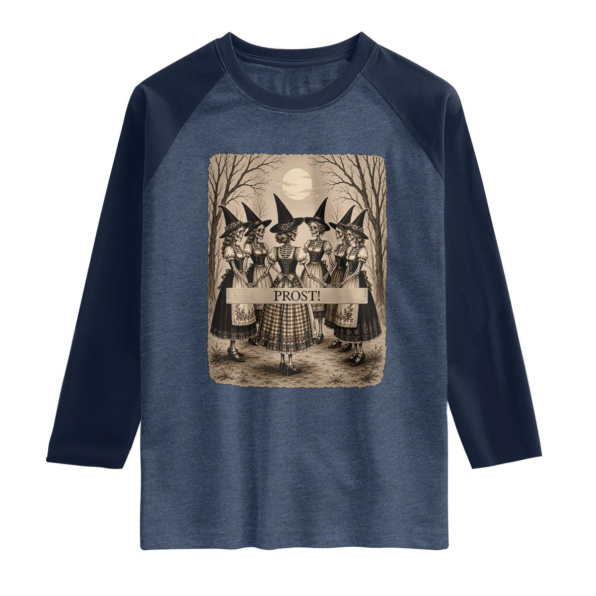 Skeleton Witches Coven Oktoberfest Raglan Shirt German Dirndl Spooky Beer Festival Gift