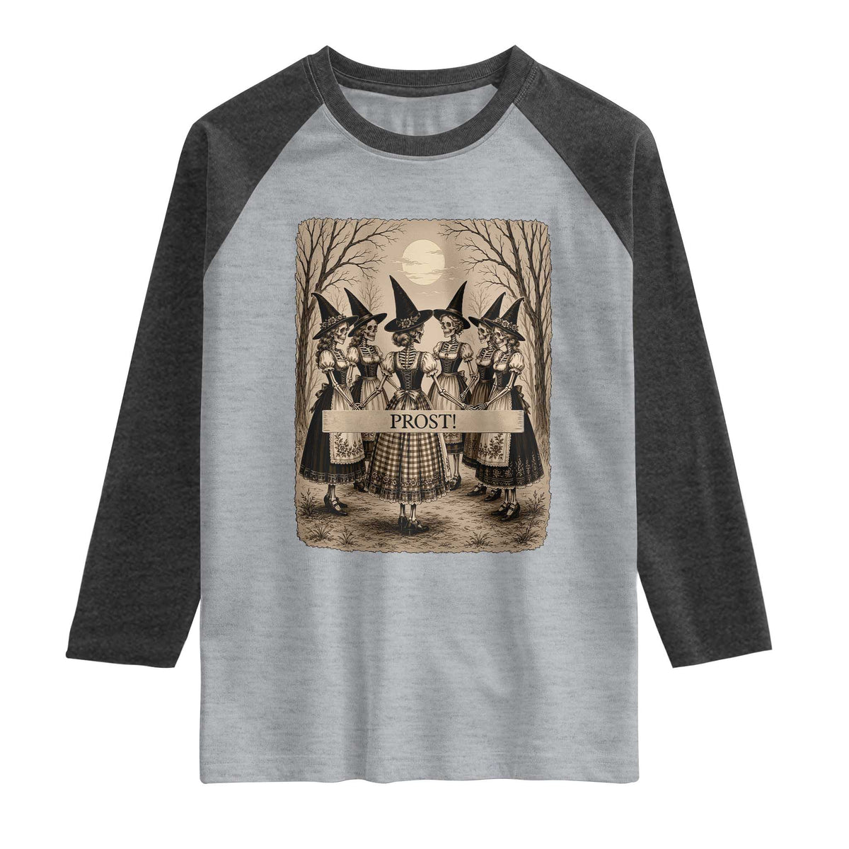 Skeleton Witches Coven Oktoberfest Raglan Shirt German Dirndl Spooky Beer Festival Gift