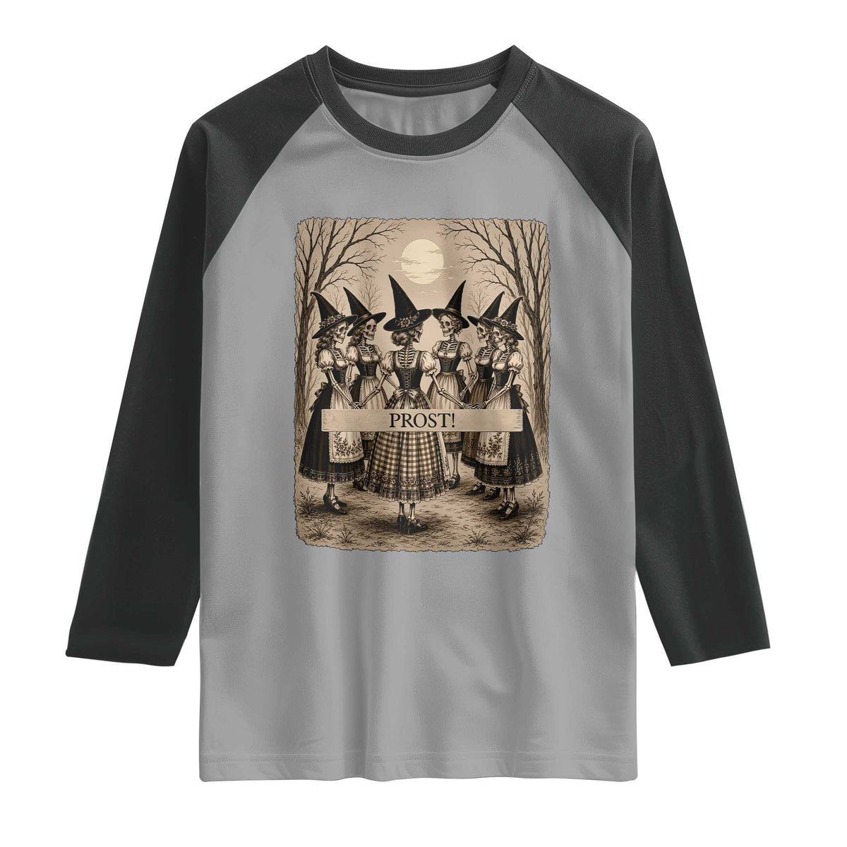 Skeleton Witches Coven Oktoberfest Raglan Shirt German Dirndl Spooky Beer Festival Gift