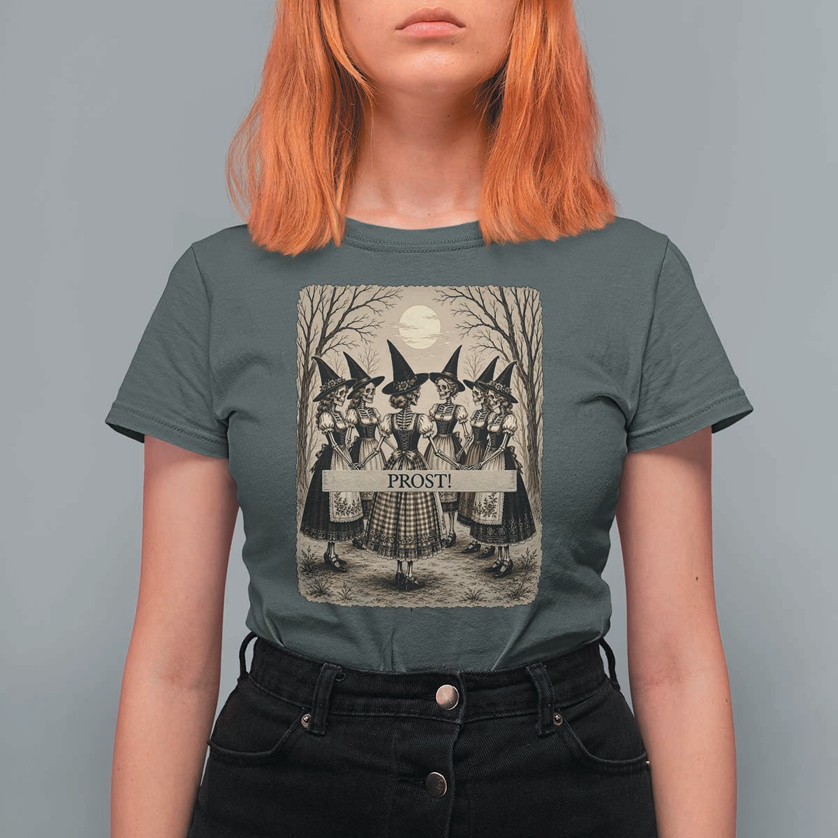 Skeleton Witches Coven Oktoberfest T Shirt For Women German Dirndl Spooky Beer Festival Gift