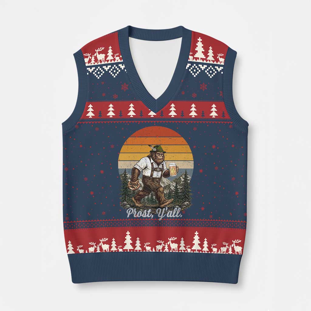 Prost Yall Bigfoot V-Neck Knit Sweater Vest Vintage Oktoberfest Beer Lover Sasquatch Gift
