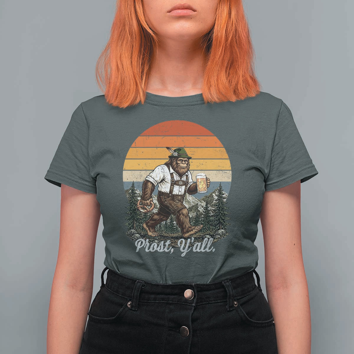 Prost Yall Bigfoot T Shirt For Women Vintage Oktoberfest Beer Lover Sasquatch Gift