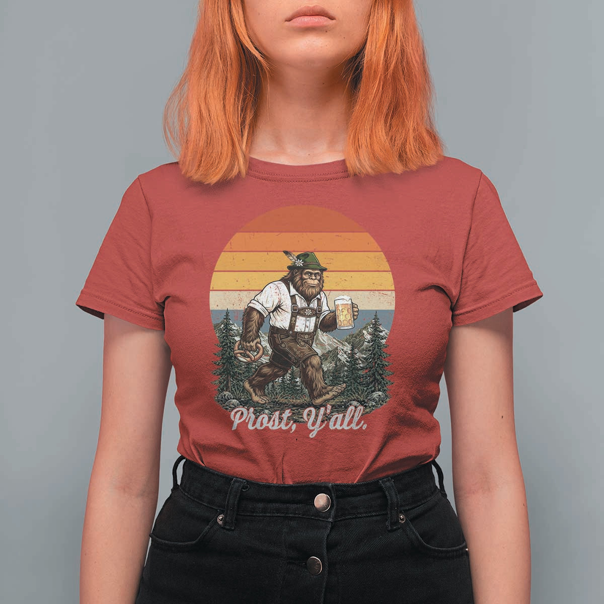 Prost Yall Bigfoot T Shirt For Women Vintage Oktoberfest Beer Lover Sasquatch Gift