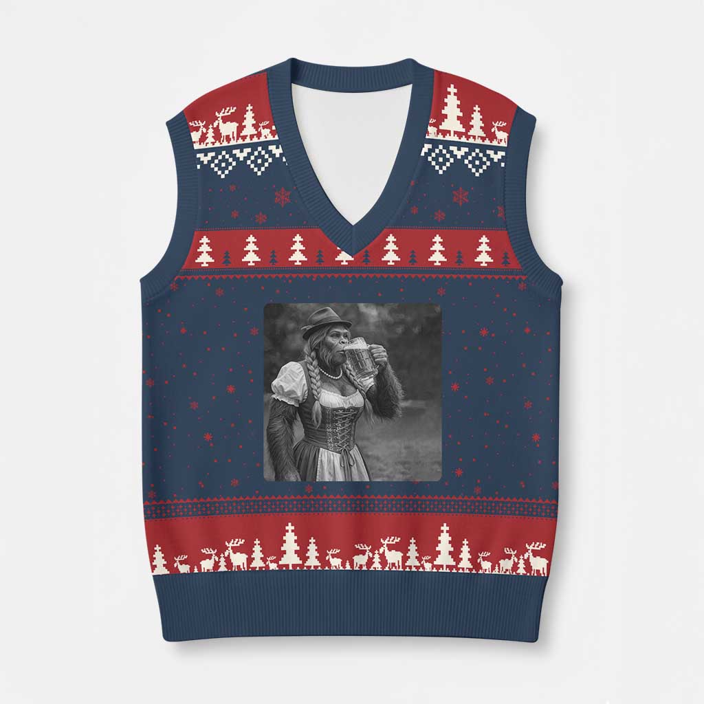 Bigfoot Oktoberfest V-Neck Knit Sweater Vest Vintage Dirndl German Beer Festival Humor