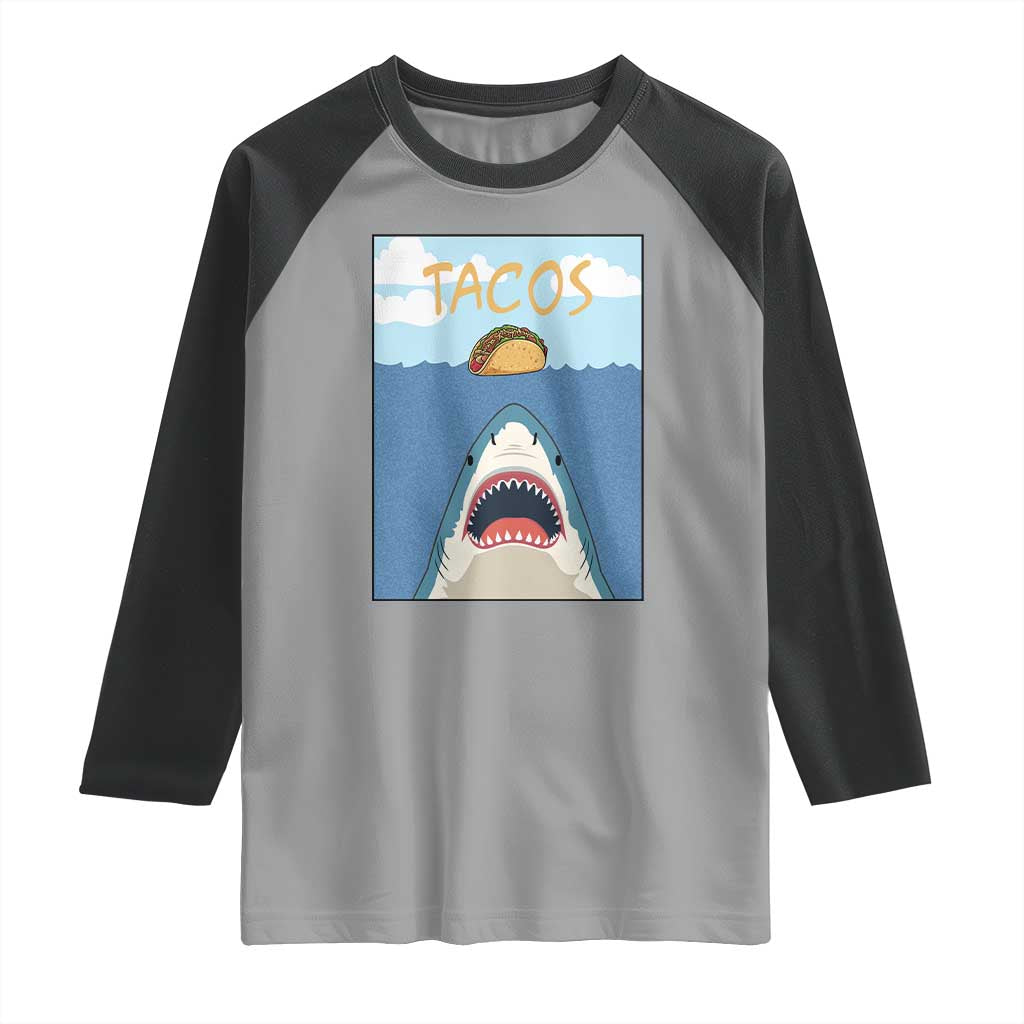 Funny Tacos Lover Raglan Shirt Shark Attack Humor Gift - Wonder Print Shop