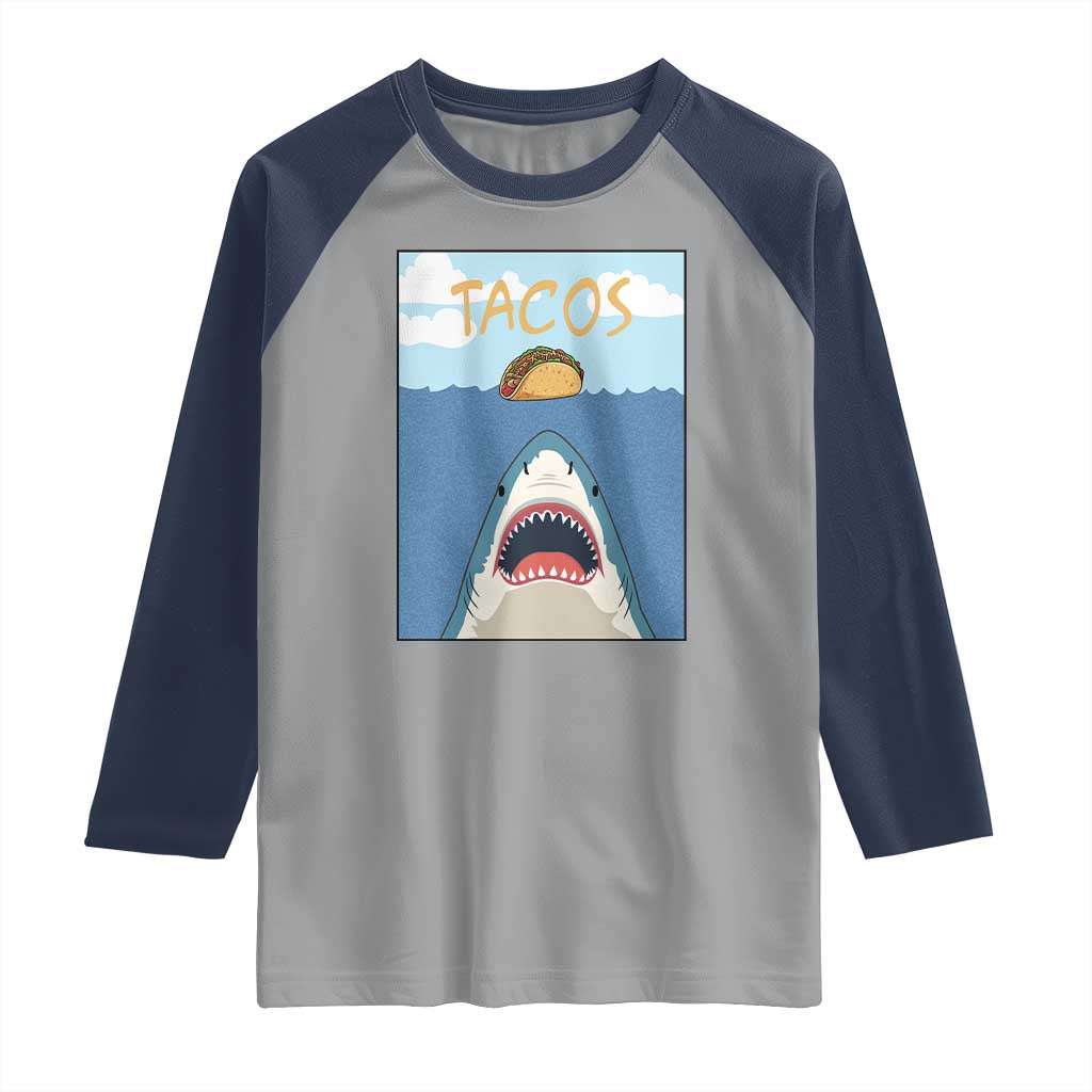 Funny Tacos Lover Raglan Shirt Shark Attack Humor Gift - Wonder Print Shop