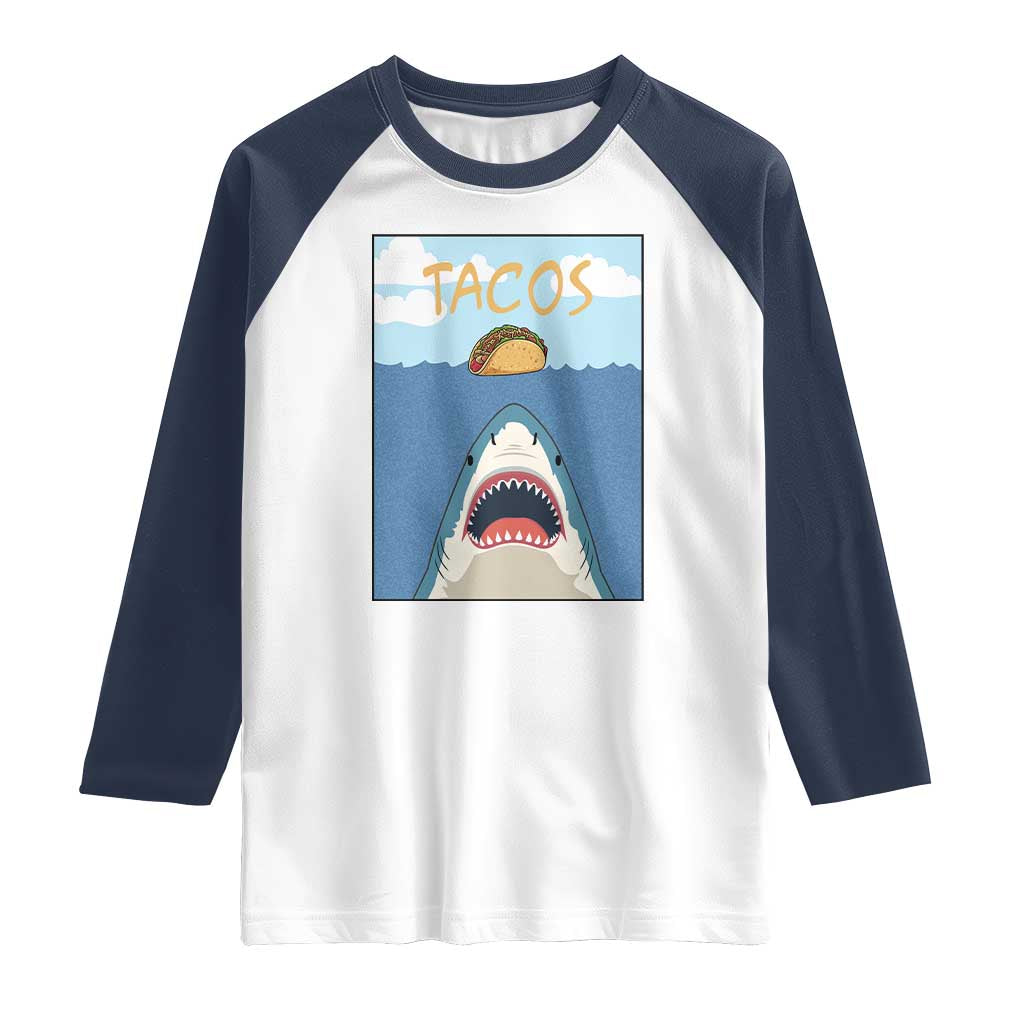 Funny Tacos Lover Raglan Shirt Shark Attack Humor Gift - Wonder Print Shop