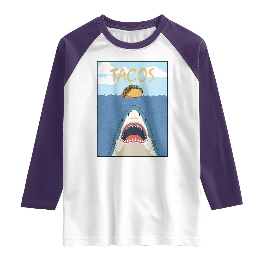 Funny Tacos Lover Raglan Shirt Shark Attack Humor Gift - Wonder Print Shop