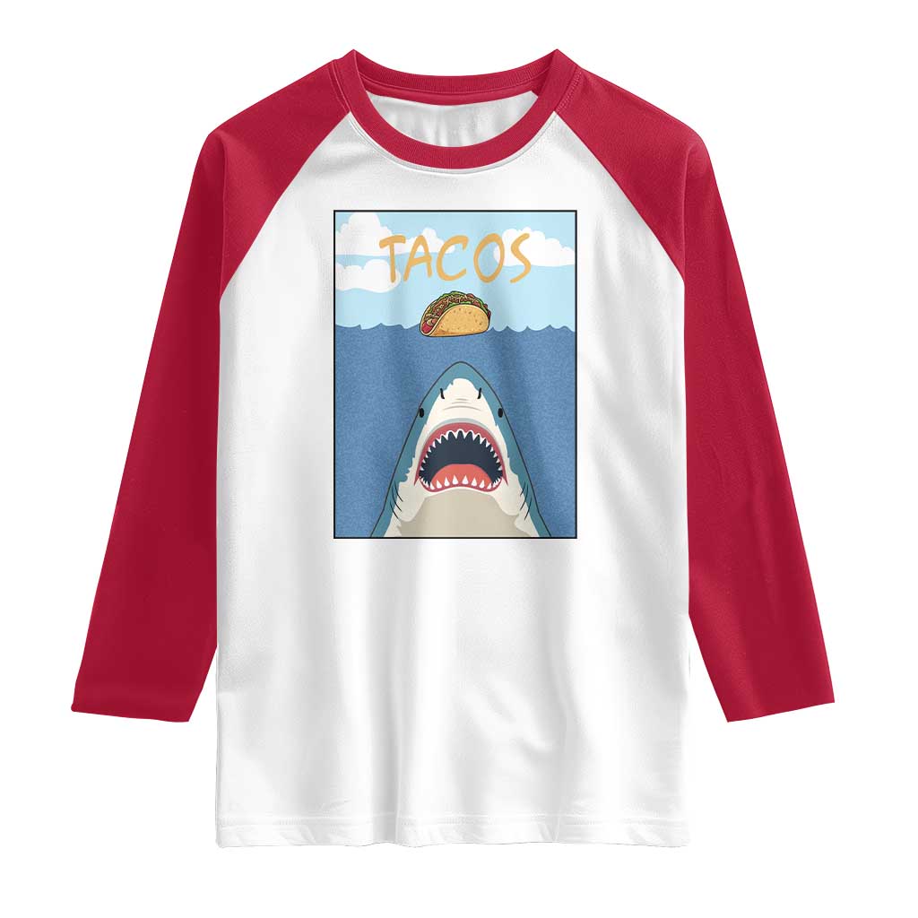 Funny Tacos Lover Raglan Shirt Shark Attack Humor Gift - Wonder Print Shop