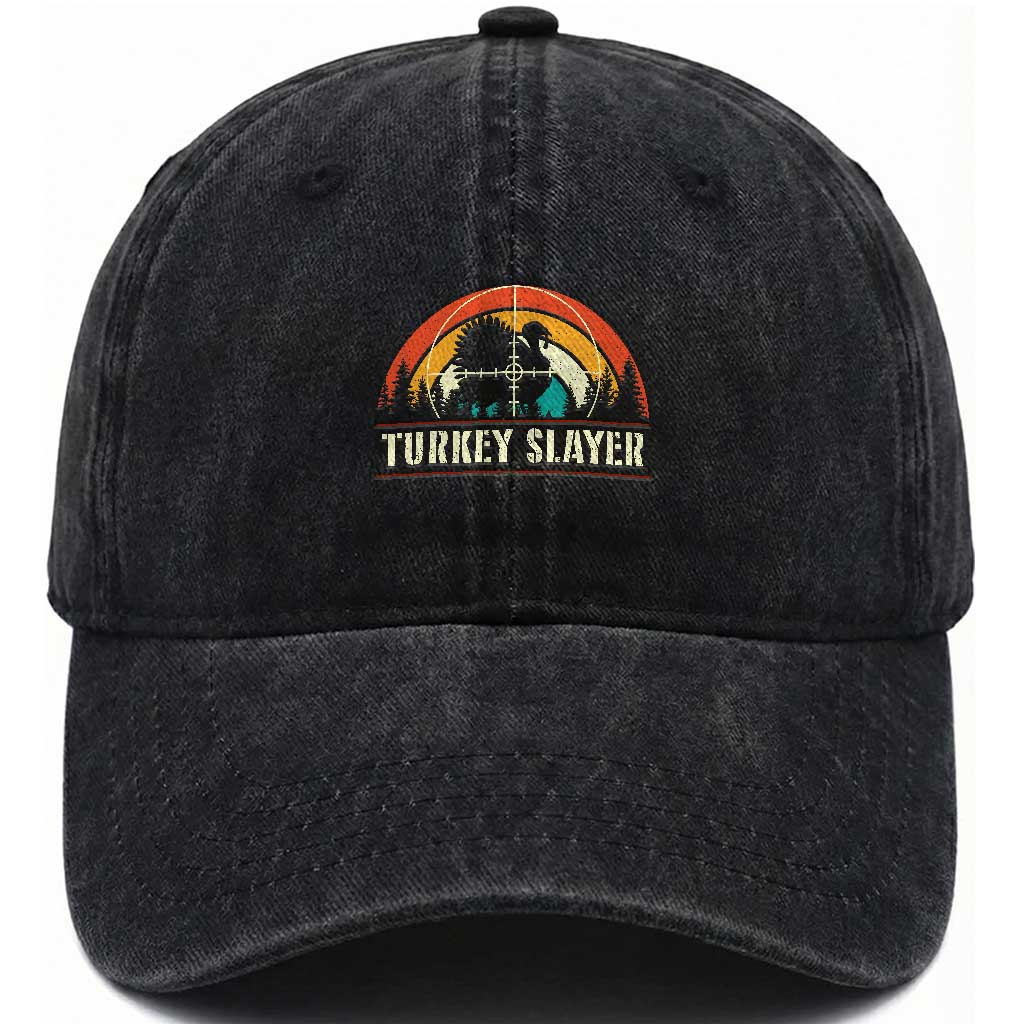 Turkey Slayer Washed Cotton Baseball Cap Vintage Sunset Hunting Season Gift