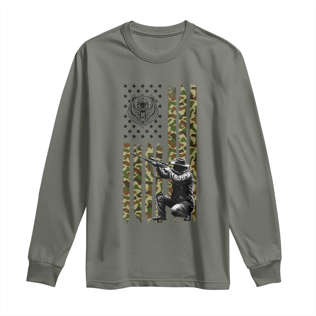 Bear Hunting Long Sleeve Shirt Camo American Flag Hunter Gift - Wonder Print Shop
