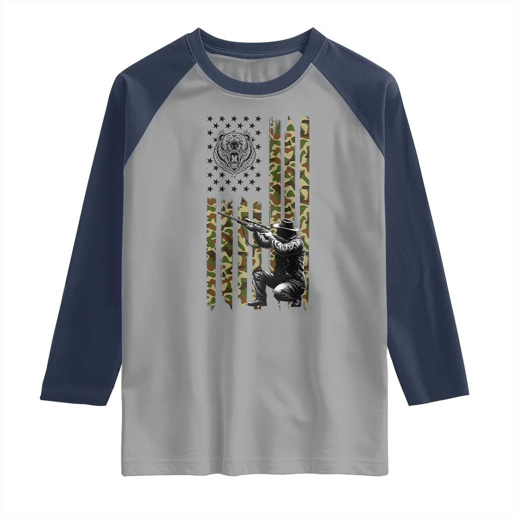 Bear Hunting Raglan Shirt Camo American Flag Hunter Gift - Wonder Print Shop