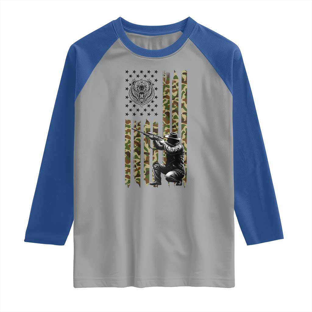 Bear Hunting Raglan Shirt Camo American Flag Hunter Gift - Wonder Print Shop