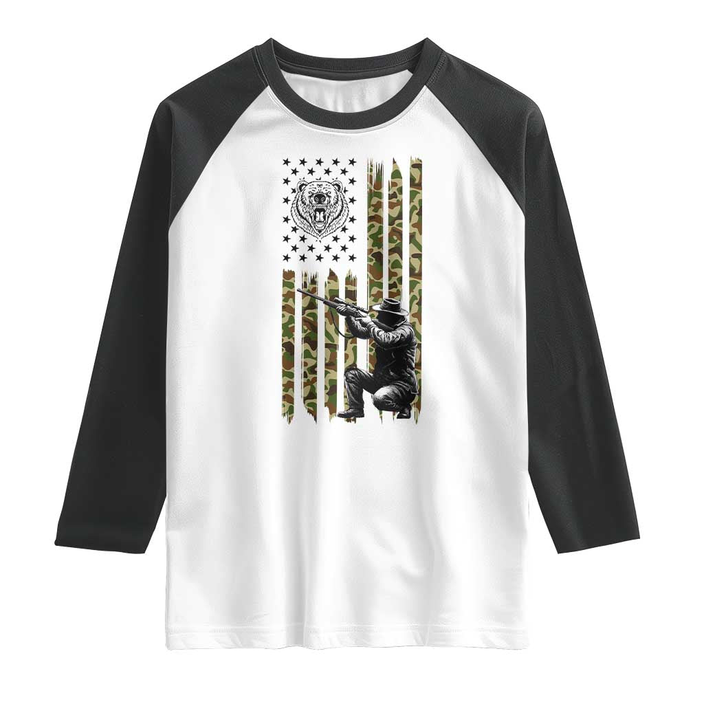 Bear Hunting Raglan Shirt Camo American Flag Hunter Gift - Wonder Print Shop