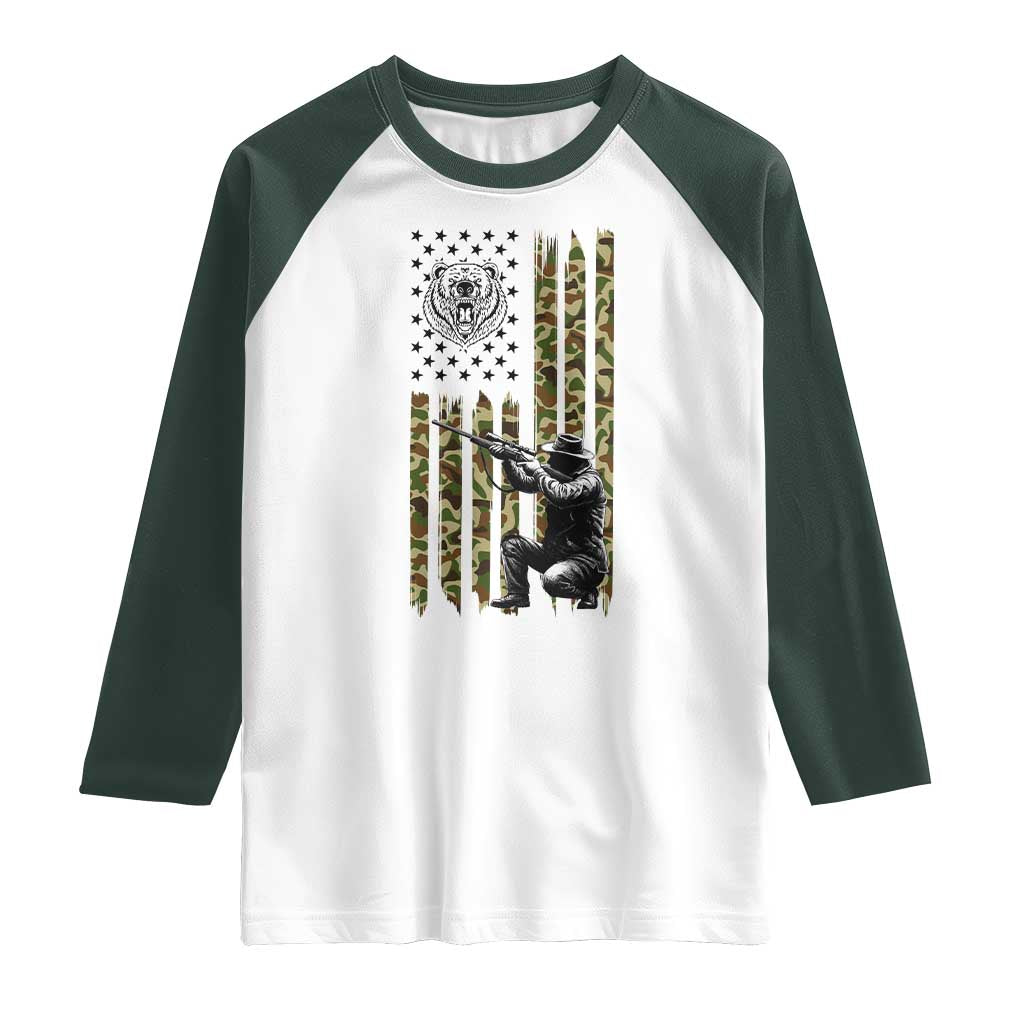Bear Hunting Raglan Shirt Camo American Flag Hunter Gift - Wonder Print Shop