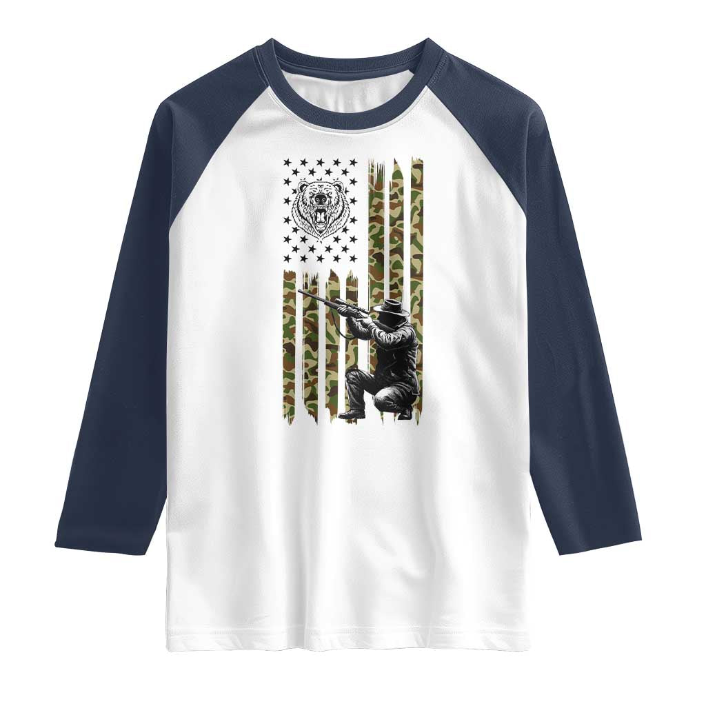 Bear Hunting Raglan Shirt Camo American Flag Hunter Gift - Wonder Print Shop