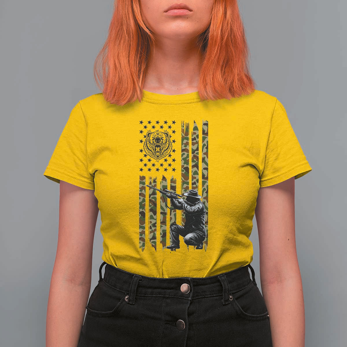 Bear Hunting T Shirt For Women Camo American Flag Hunter Gift - Wonder Print Shop