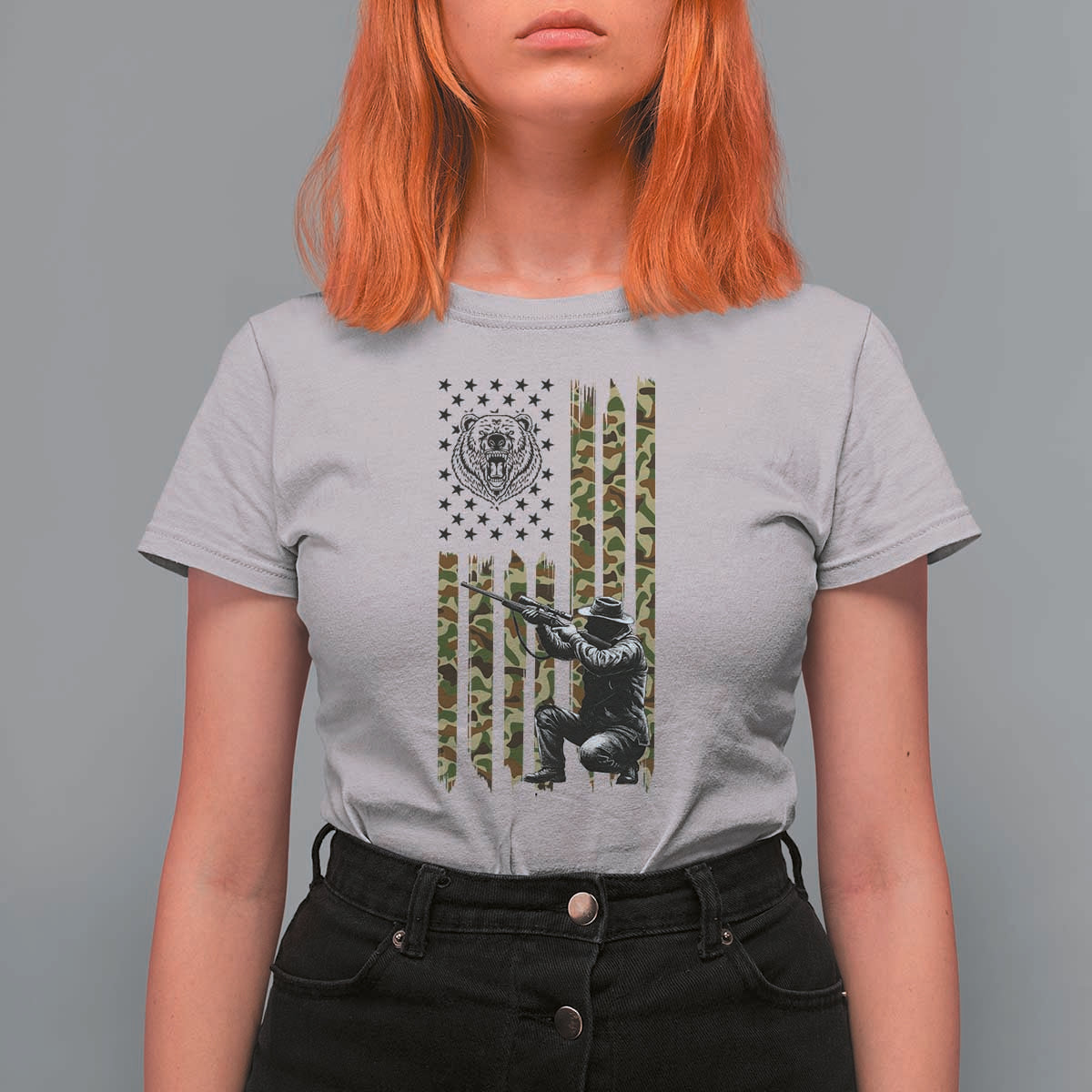 Bear Hunting T Shirt For Women Camo American Flag Hunter Gift - Wonder Print Shop