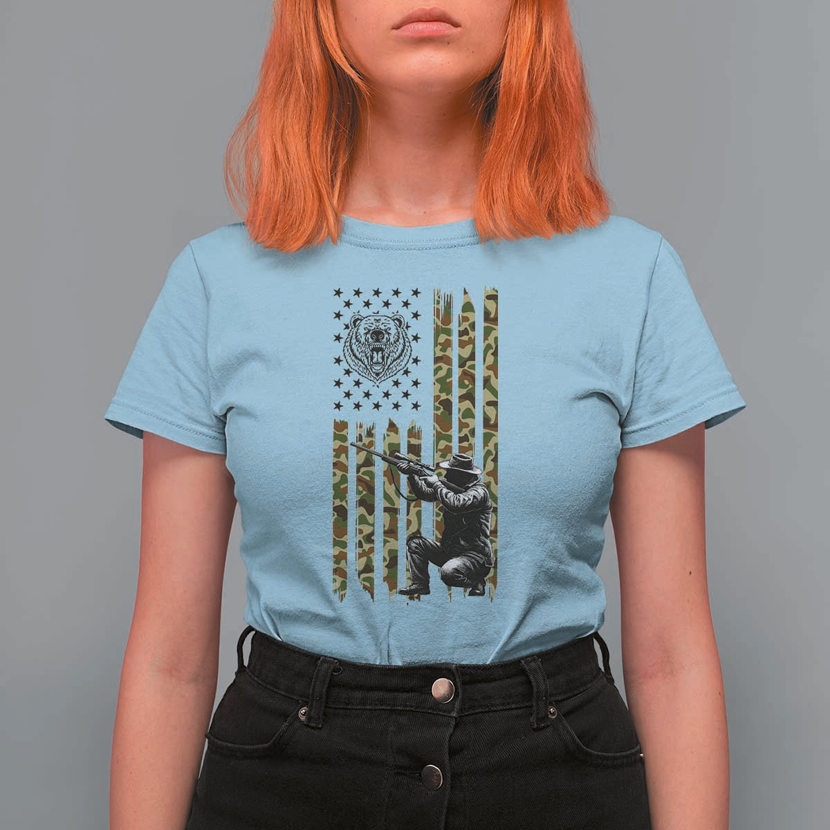 Bear Hunting T Shirt For Women Camo American Flag Hunter Gift - Wonder Print Shop