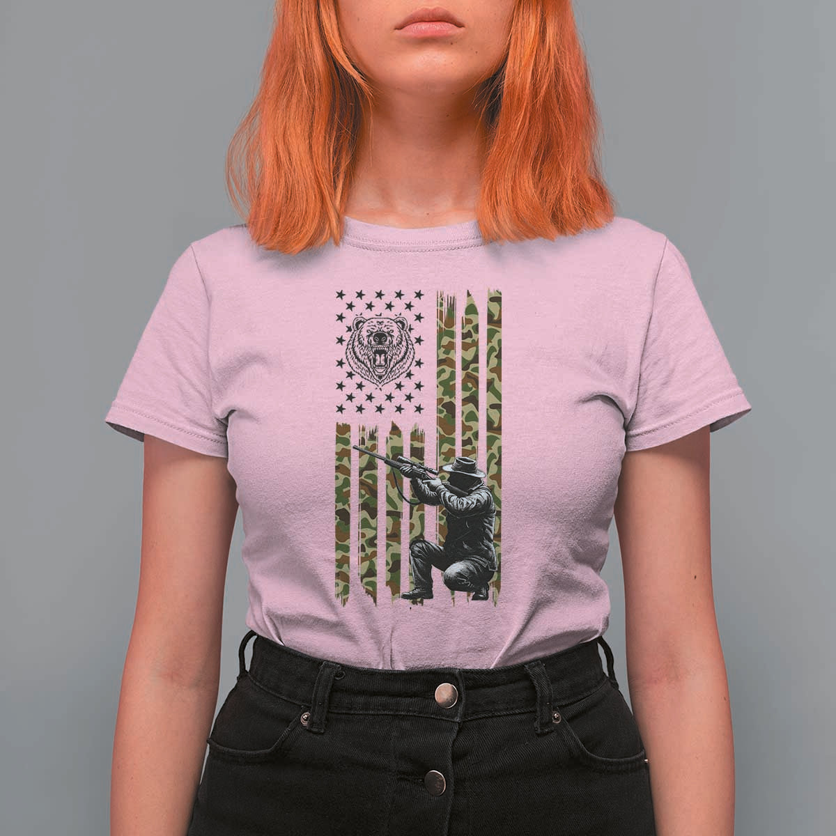 Bear Hunting T Shirt For Women Camo American Flag Hunter Gift - Wonder Print Shop
