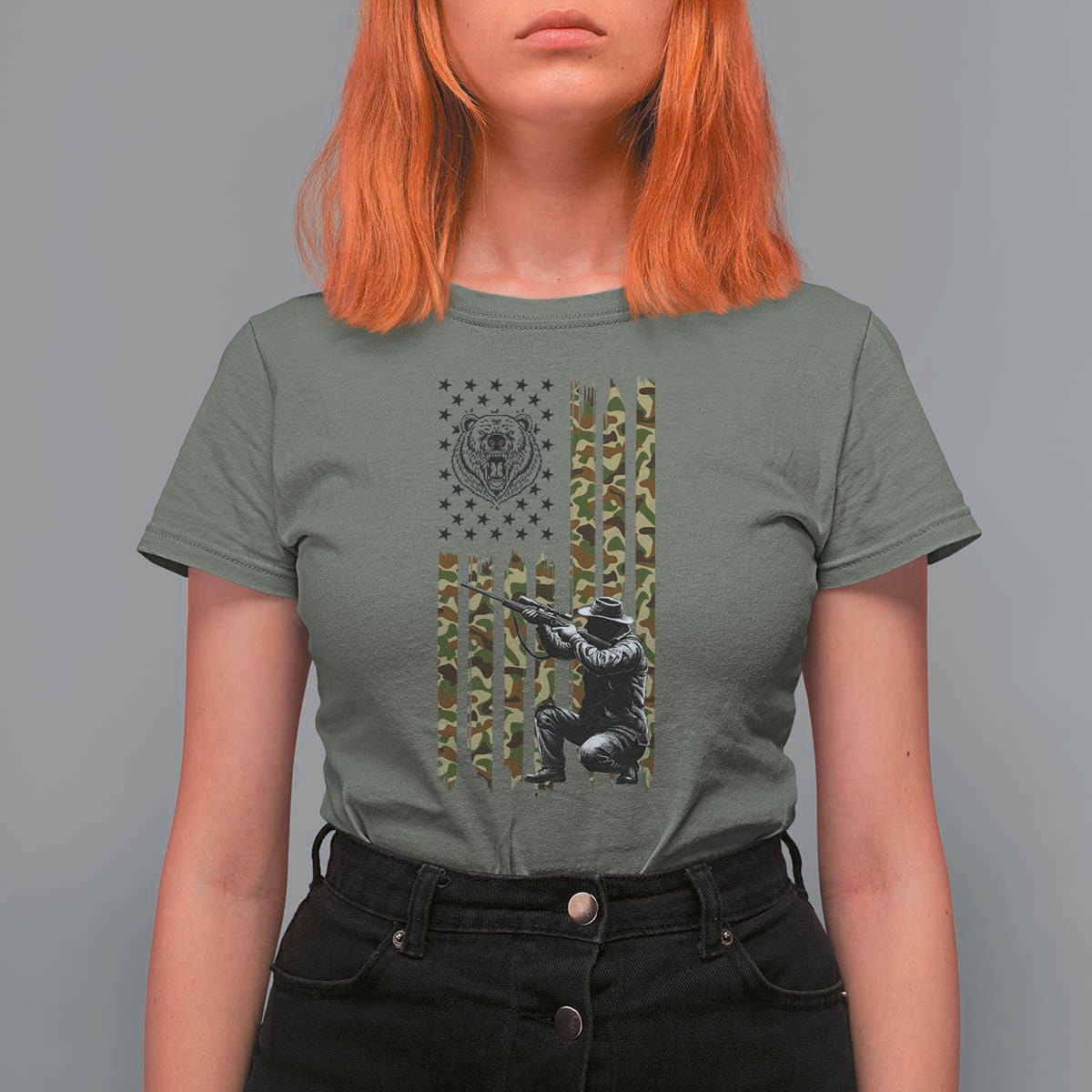 Bear Hunting T Shirt For Women Camo American Flag Hunter Gift - Wonder Print Shop
