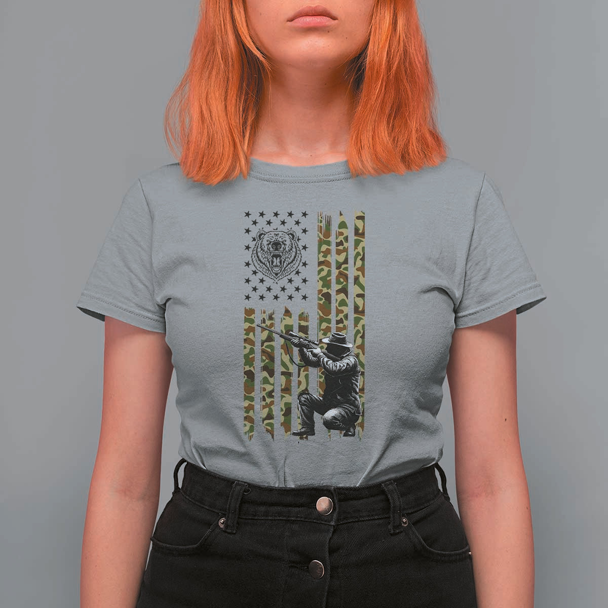 Bear Hunting T Shirt For Women Camo American Flag Hunter Gift - Wonder Print Shop