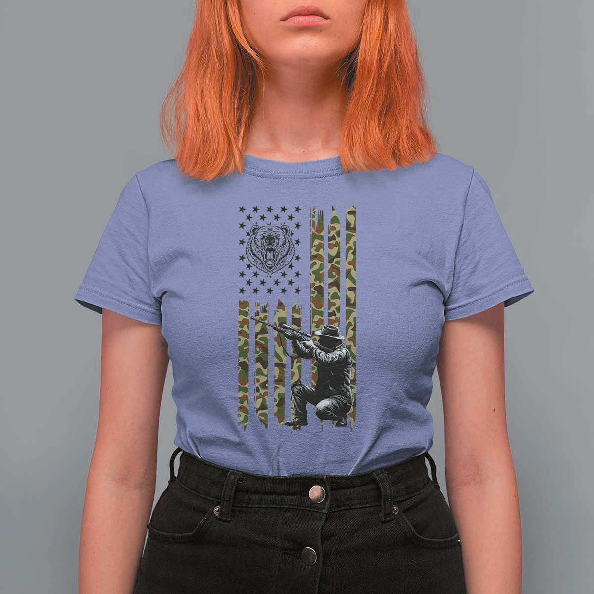 Bear Hunting T Shirt For Women Camo American Flag Hunter Gift - Wonder Print Shop