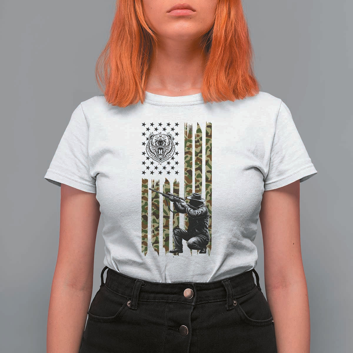 Bear Hunting T Shirt For Women Camo American Flag Hunter Gift - Wonder Print Shop