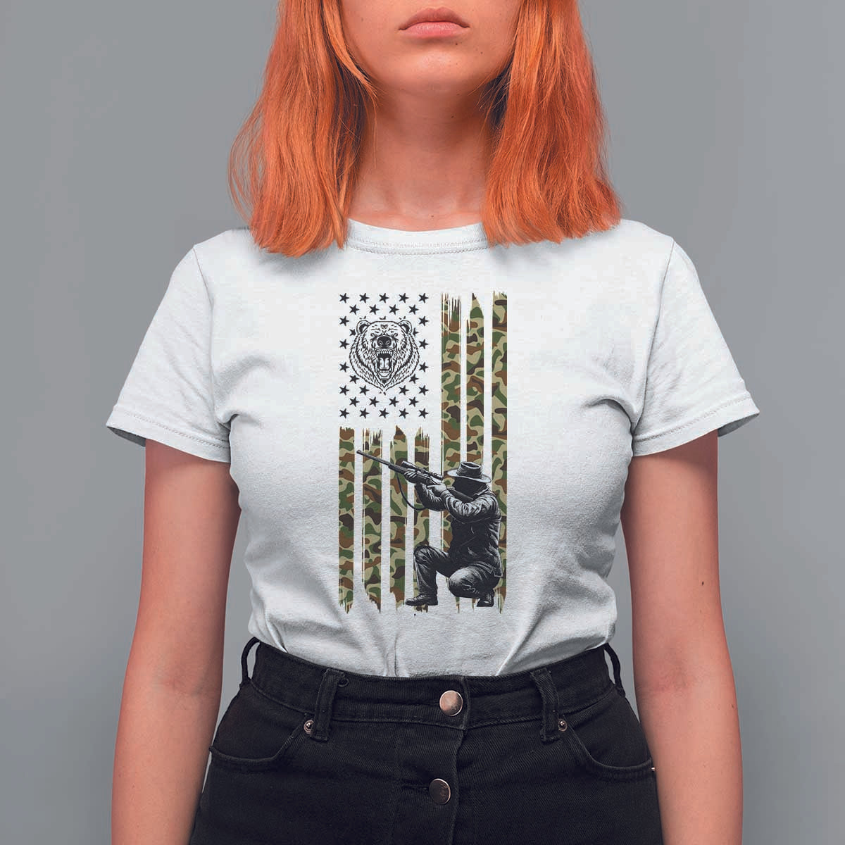 Bear Hunting T Shirt For Women Camo American Flag Hunter Gift - Wonder Print Shop