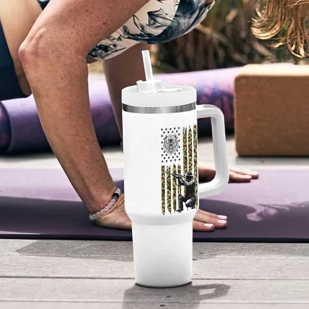 Bear Hunting Tumbler With Handle Camo American Flag Hunter Gift - Wonder Print Shop