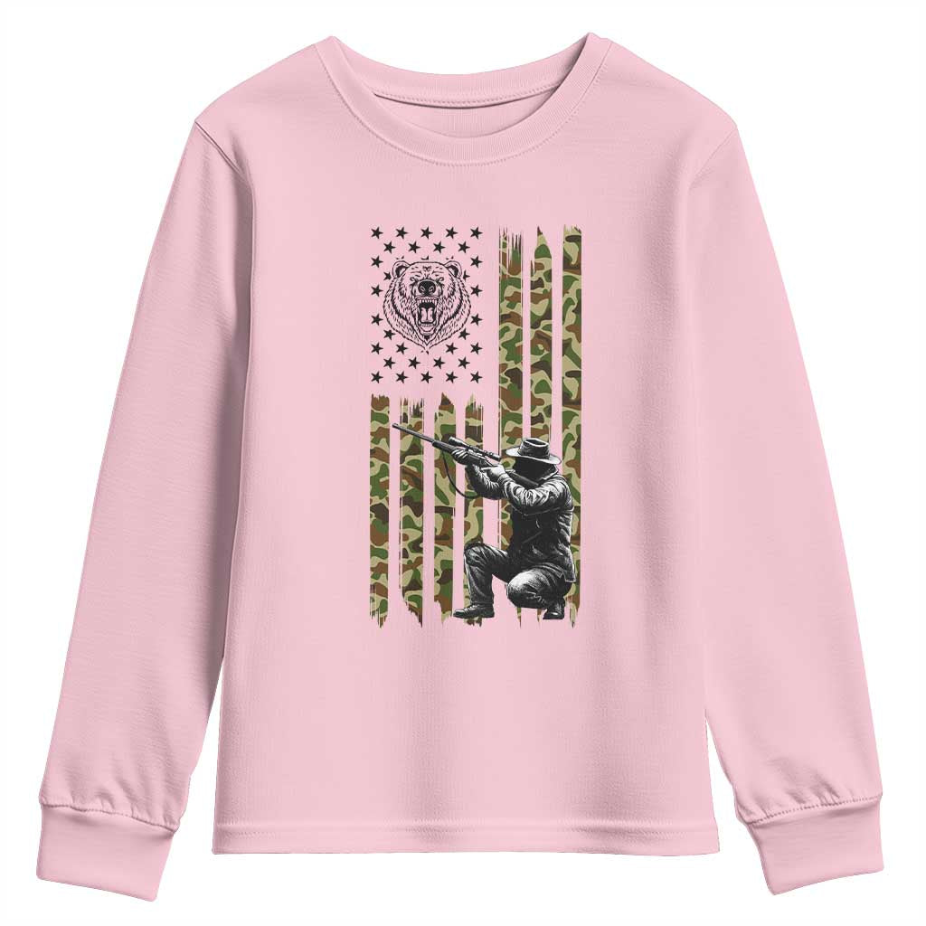Bear Hunting Youth Sweatshirt Camo American Flag Hunter Gift - Wonder Print Shop