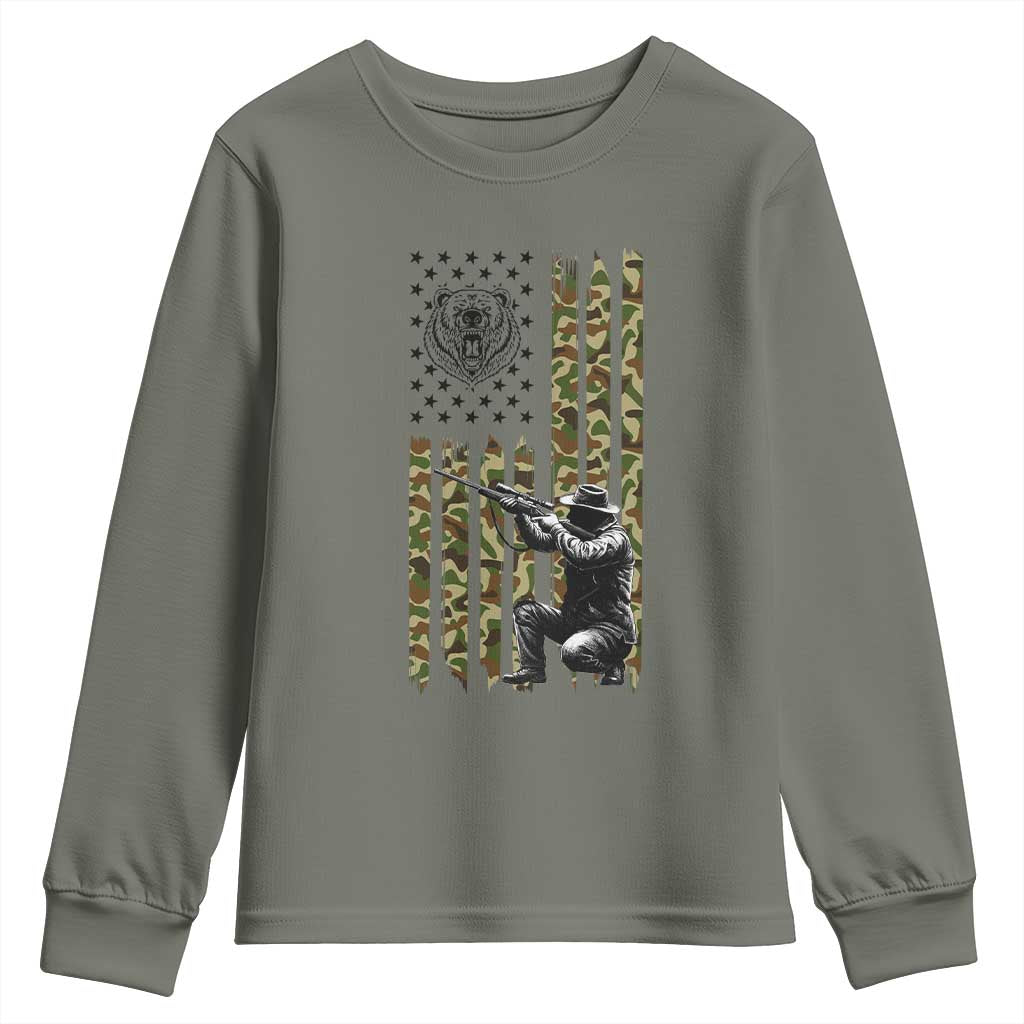 Bear Hunting Youth Sweatshirt Camo American Flag Hunter Gift - Wonder Print Shop