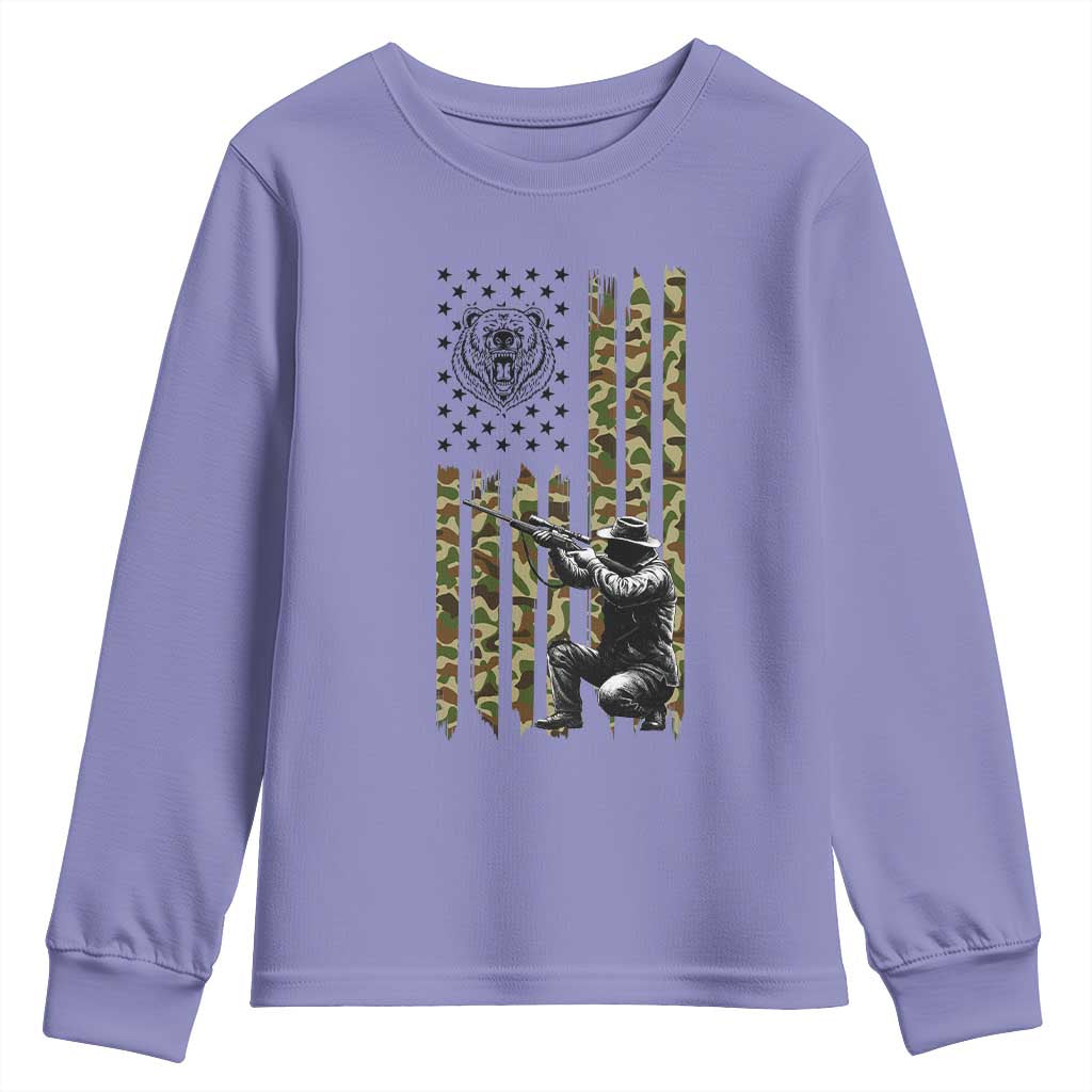 Bear Hunting Youth Sweatshirt Camo American Flag Hunter Gift - Wonder Print Shop