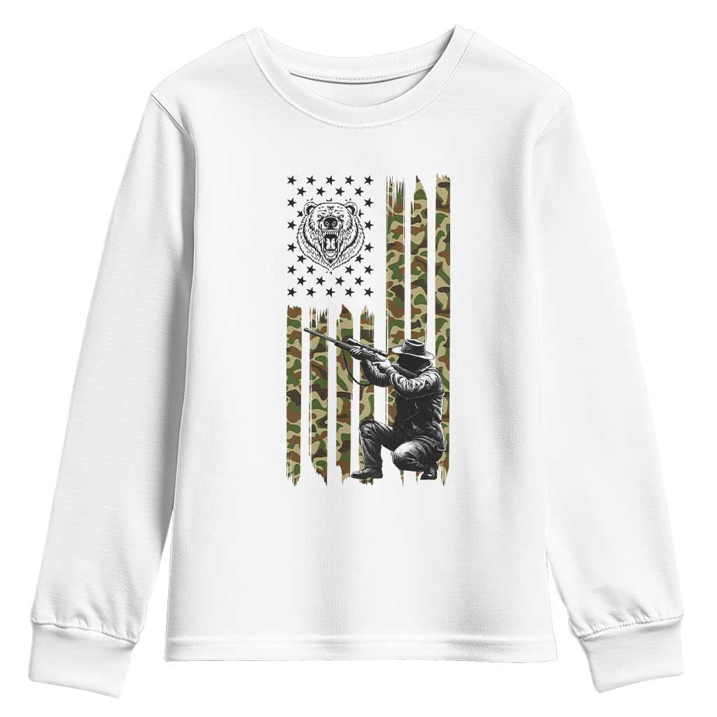Bear Hunting Youth Sweatshirt Camo American Flag Hunter Gift - Wonder Print Shop