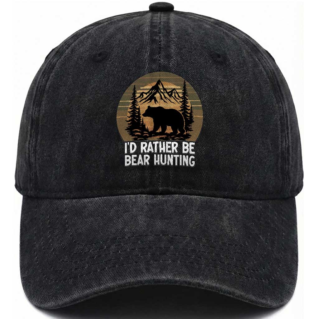 Id Rather Be Bear Hunting Washed Cotton Baseball Cap Retro Sunset Hunter Gift