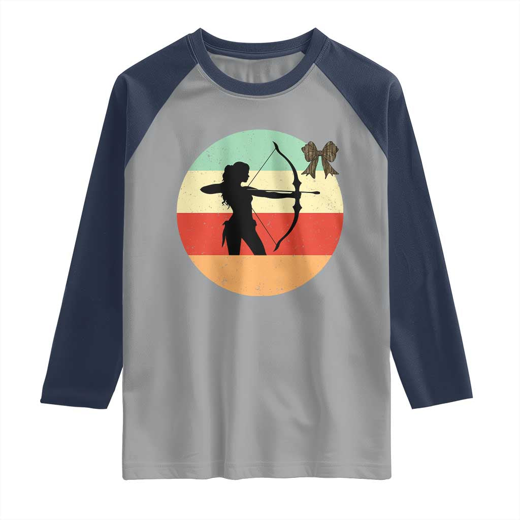 Retro Sunset Hunter Gift Raglan Shirt Women Bow Hunters - Wonder Print Shop