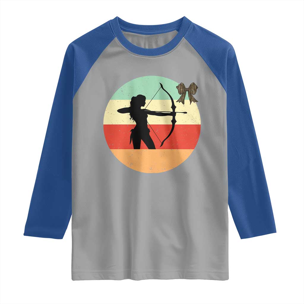 Retro Sunset Hunter Gift Raglan Shirt Women Bow Hunters - Wonder Print Shop
