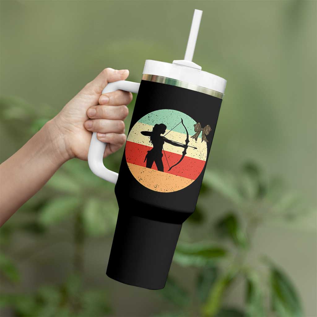 Retro Sunset Hunter Gift Tumbler With Handle Women Bow Hunters - Wonder Print Shop
